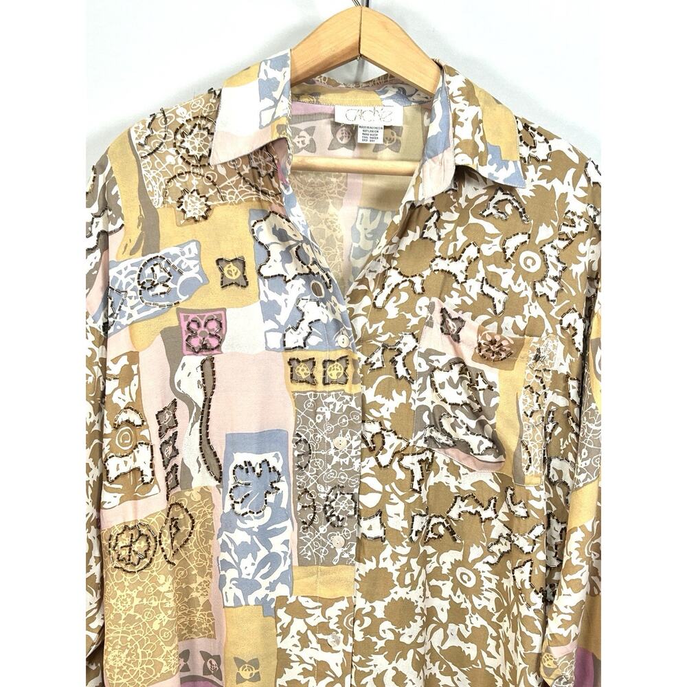 Vintage 90s Cache Beaded Patchwork Boho Lagenlook Button Shirt Top Women’s L/XL‎ - Picture 6 of 11
